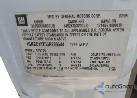 2005 Chevrolet Tahoe Z71 z USA, uszkodzony, nr VIN 1GNEC13T55R209544